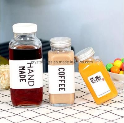 8oz 16oz Clear Square Juice Glass Bottles for Kombucha Tea Soft Drinking with Plastic Cap