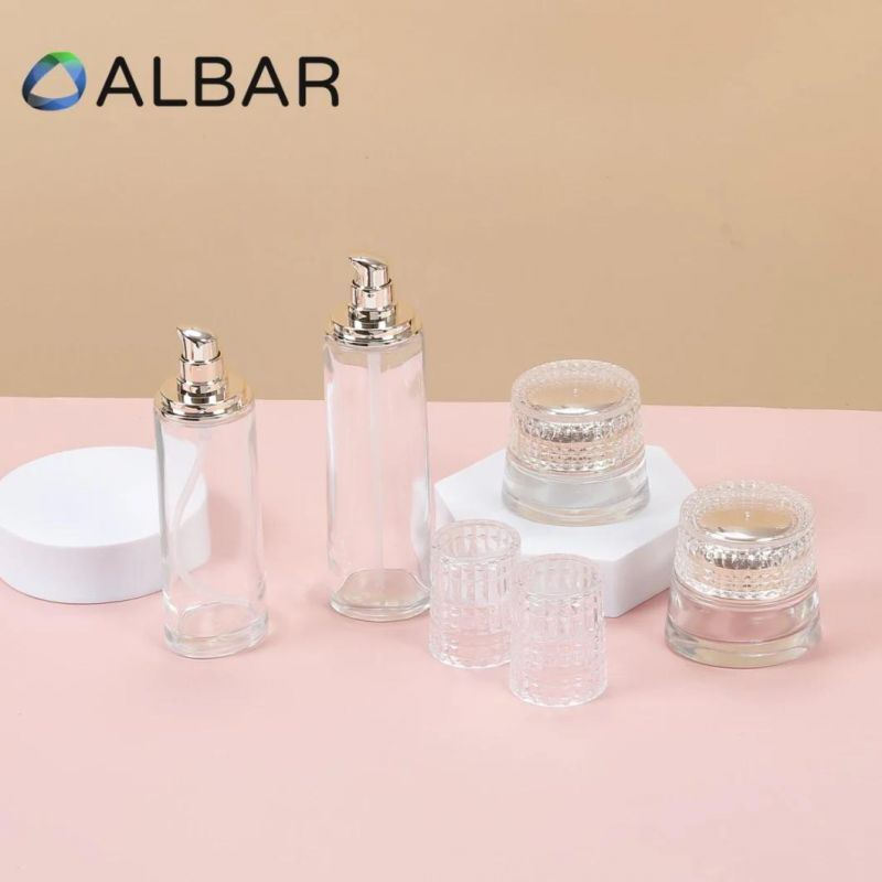 Flat Shoulder Light Gold Rose Gold Set Cosmetics Bottles in Clear or Frosted with Press Pump