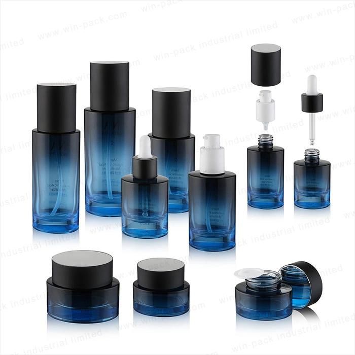 Winpack Blue Lotion Bottle with Matte White Plastic Pump with Shiny Black Cap