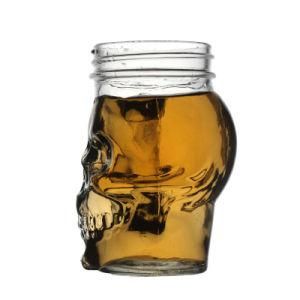 Customize Hot Sale Beverage Empty Skull Shape 310ml Clear Glass Jars and Bottles with Handle