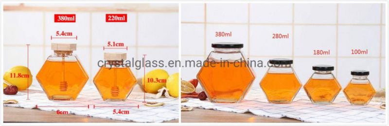 Clear Flat Hexagon Honey Glass Jam Jar with Metal/Wooden Lid 180ml 280ml 380ml