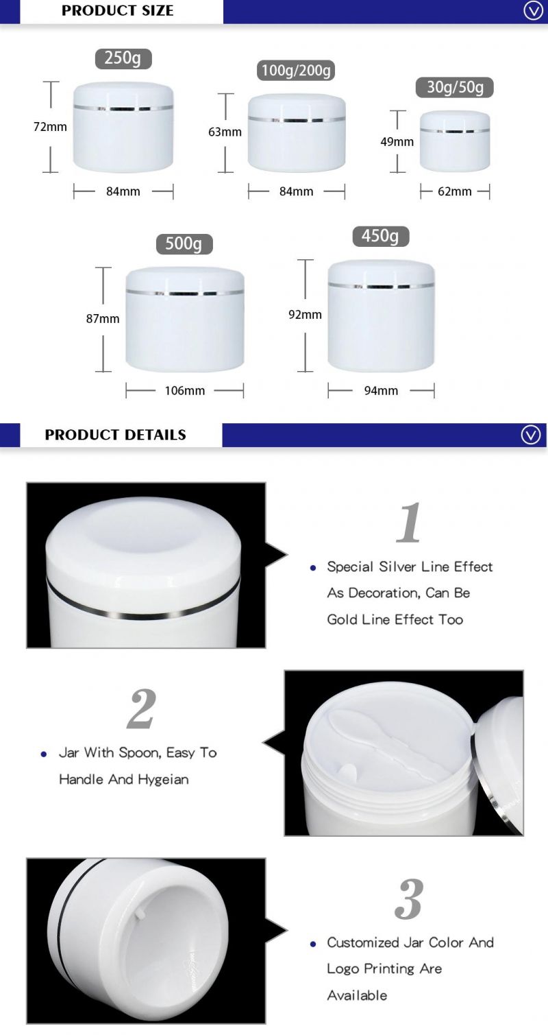 30g 50g 100g 200g 250g 450g 500g Empty Plastic Luxury Cosmetic Jars with Good Production Line