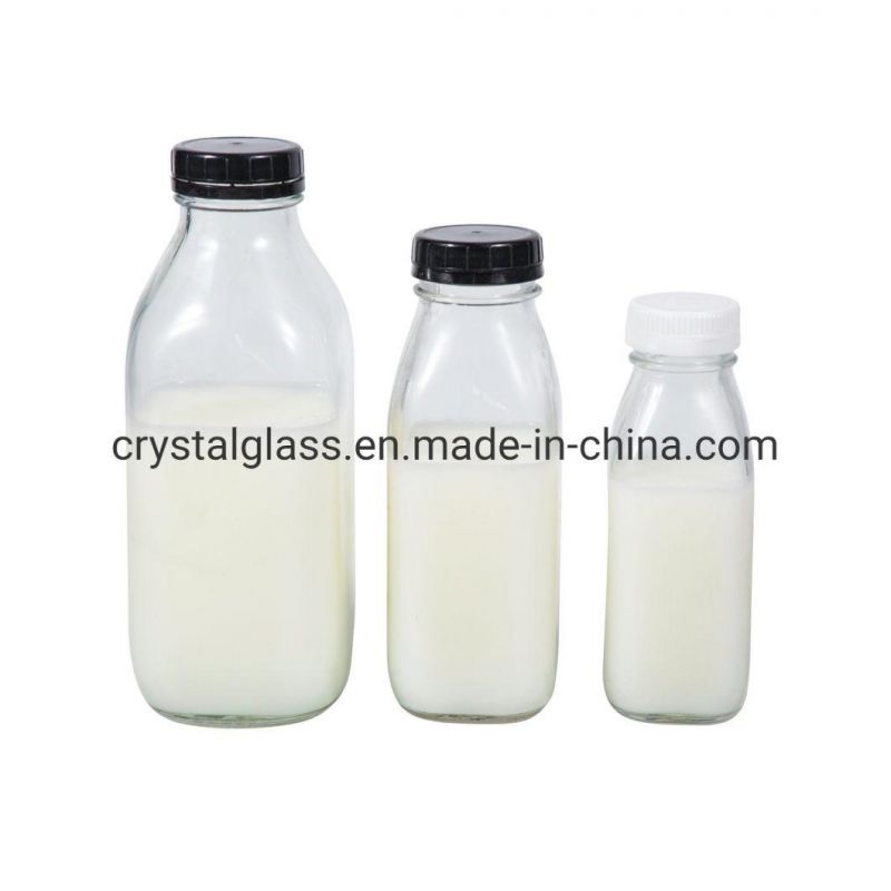 French Square Juice Milk Glass Bottle 8oz 9oz 12oz 14oz 16oz 32oz with Plastic Safety Cap