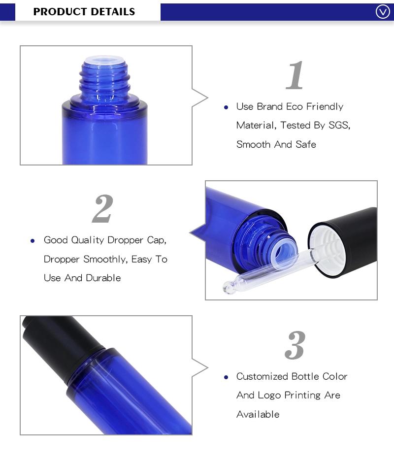 OEM Dark Blue 30ml PETG Round Essential Oil Dropper Bottle with Press Dropper Lotion Pump