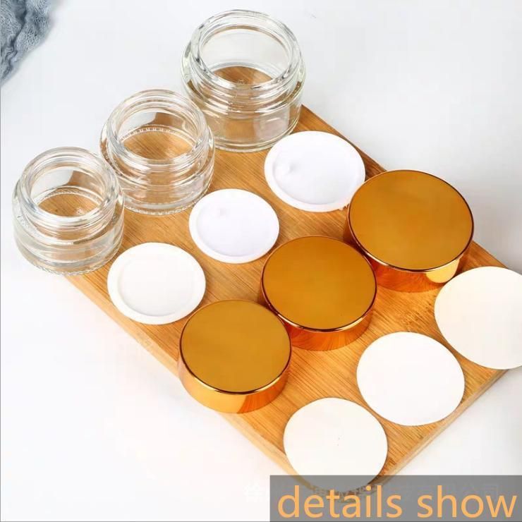 5g 10g 15g 20g 30g 50g 80g 100g Transparent/Clear Glass Cream Jar with Electroplated Golden Plastic Cap