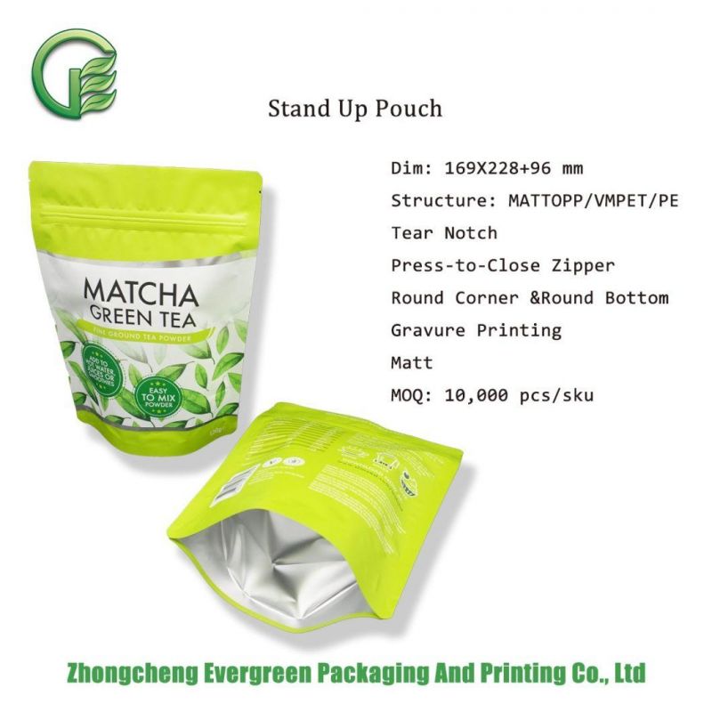 Customized Printing Stand up Doypack Pouch Tea Powder Coffee Zipper Resealable Food Packaging Bag