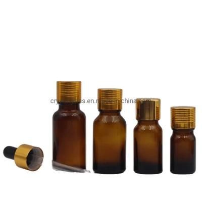 10ml 20ml 30ml 50ml 100ml Amber Glass Essential Oil Bottle with Golden Aluminium Screw Lid or Dropper Pipette