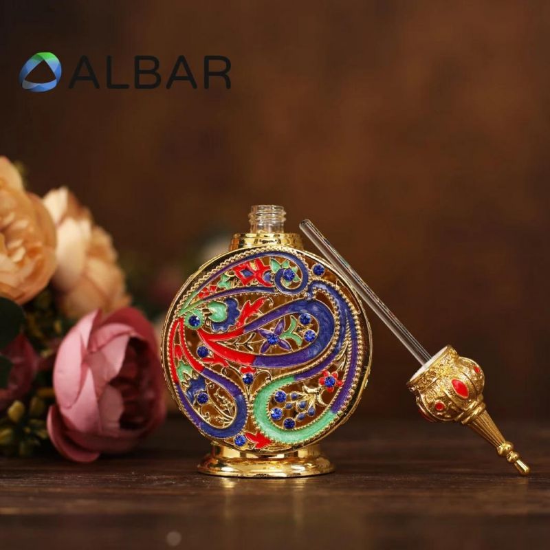 Attar Oud Colorful Zinc Zamac Round Perfume Bottles with Diamonds Glass Stick Droppers