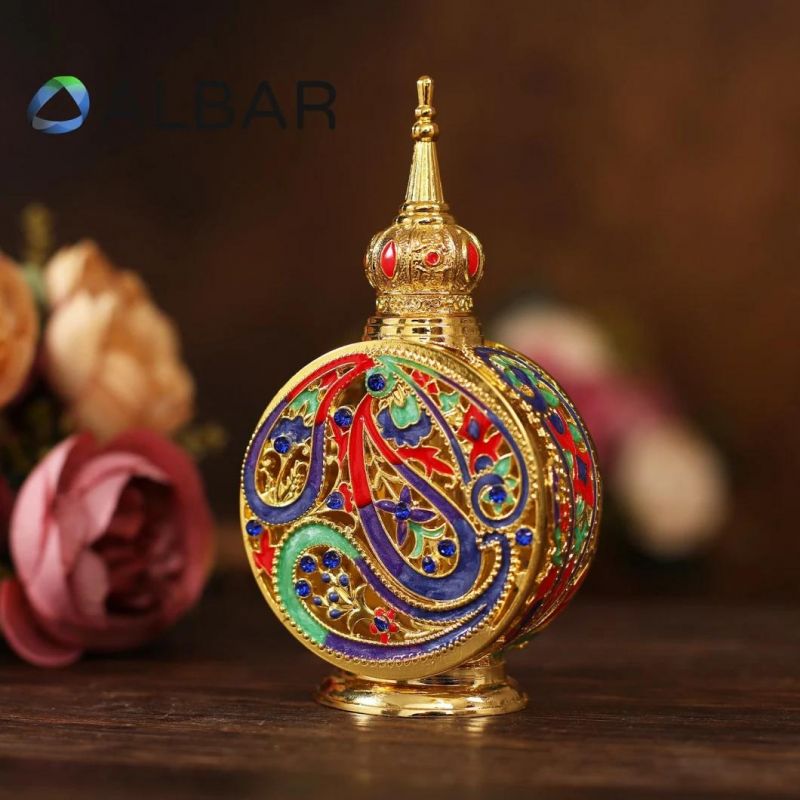 Attar Oud Colorful Zinc Zamac Round Perfume Bottles with Diamonds Glass Stick Droppers