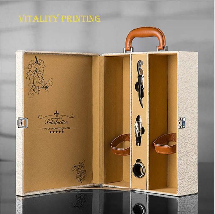 Custom Wholesale Luxury Europe Style Classical Portable PU Leather Wine Packaging Box Liquor Wooden Gift Packing Box/Spot Leather Case/Two Bottles Package