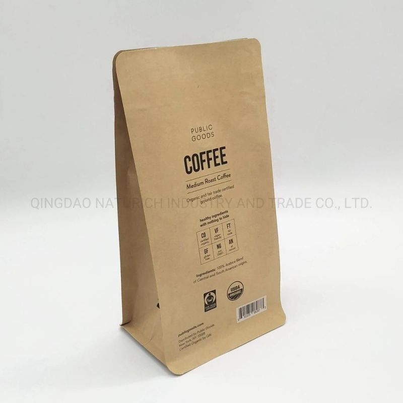 Eco Kraft Paper Zipper Flat Bottom Coffee Pouch Biodegradable Zip Lock Food Packaging Bag