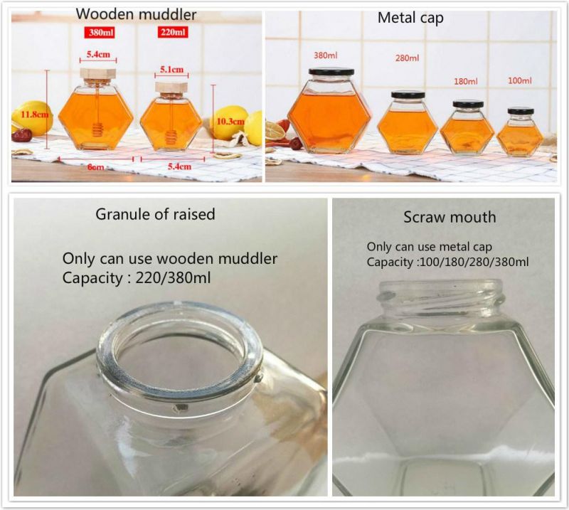 100ml 180ml 280ml 380ml Hexagonal Glass Bottle Honey Food Storage Jar with Metal or Bamboo Caps