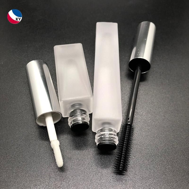 Square 5ml 10ml Glossy Silver Aluminum Cap Clear Frosted Lipgloss Tube Glass Mascara Bottle with Silicon Brush