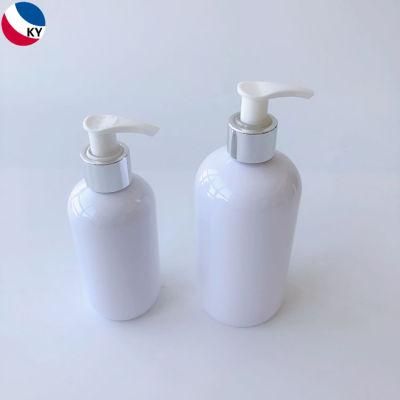 200ml 350ml Boston Round Shoulder Pet White Plastic Pump Bottle Cosmetic Shampoo Bottle Packaging with Silver Pump