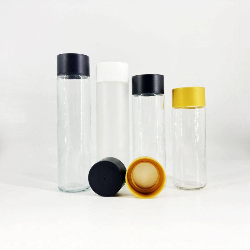 350ml Cylindrical Frosted Glass Pure Mineral Water Fresh Juice Drinking Beverage Drinks Bottle with Plastic Cap 12oz