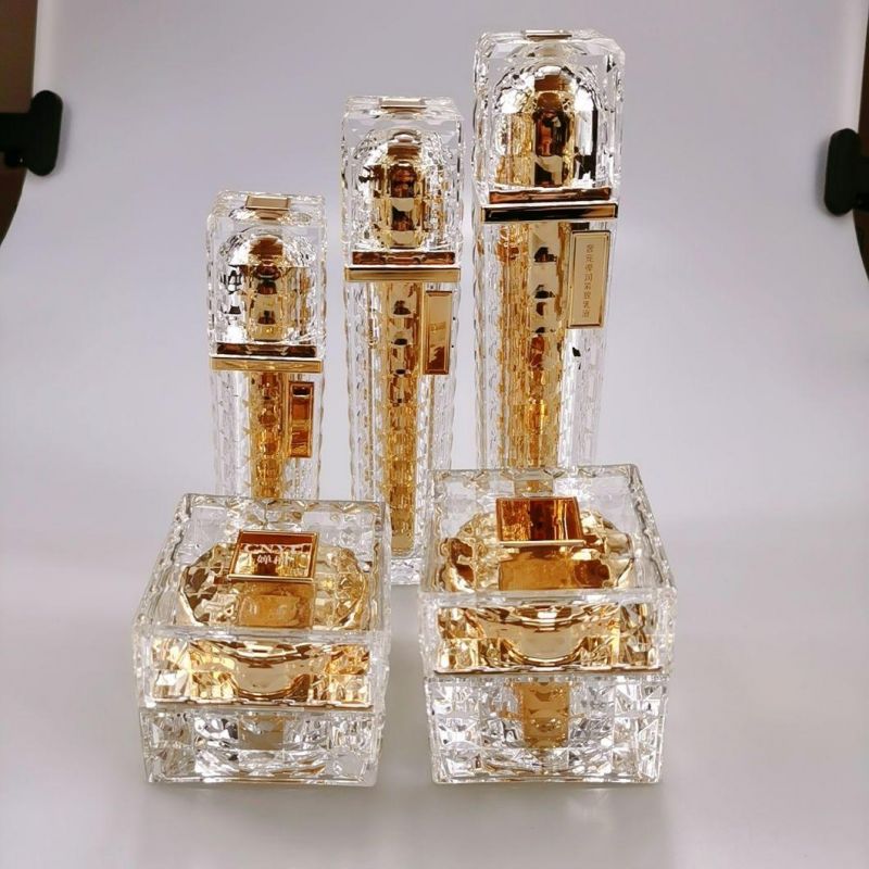 30ml 50ml 100ml Square Gold Acrylic Emulsion Bottle Diamond Foundation Bottle for Cream Serum