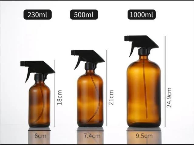 250ml 500ml Amber or Clear Glass Bottle Boston Round Bottle with Mist Sprayer for Disinfectant Packing