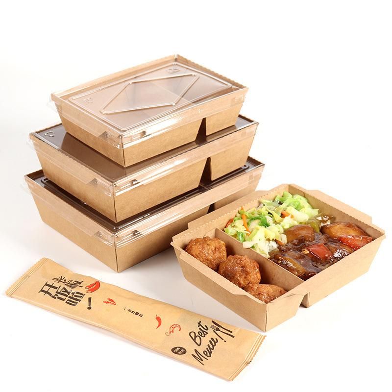 Disposable Takeaway Fast Food Packing Salad Box 2 Compartment Kraft Paper Lunch Box