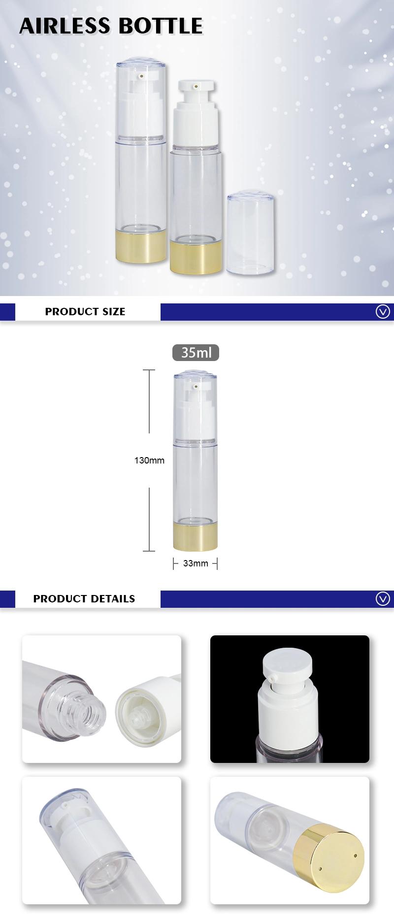 Manufacturer Cosmetic Packaging Airless 35ml Cosmetic Bottle with Golden Effect Botton