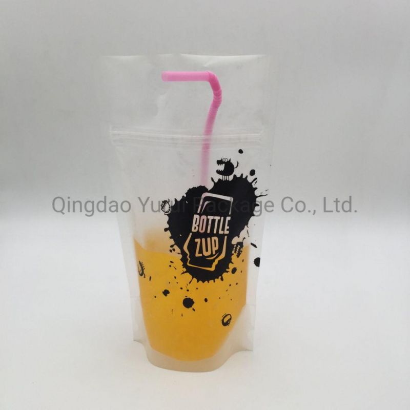 Reclosable Hand Held Zipper Plastic Drinking Bags Clear Juice Drink Pouches with Straws