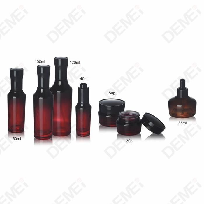 35/40/60/100/120ml 30/50g Cosmetic Skin Care Packaging Black Red Toner Lotion Glass Dropper Bottle and Cream Jar with Black Slim Cap