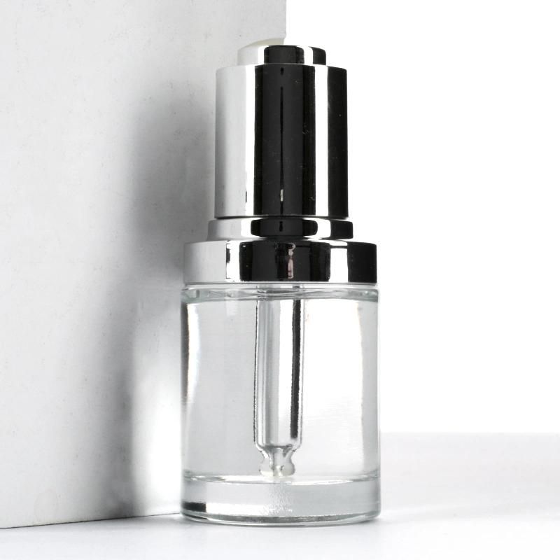 1oz 30 Ml Round Clear Cosmetic Essential Oil Serum Glass Press Pump Push Button Dropper Bottle with Cap