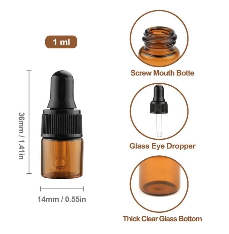 1ml 2ml 3ml 5ml Amber Glass Dropping Bottles Mini Essential Oil Dropper Bottles Empty Travel Sample Vials with Black Cap