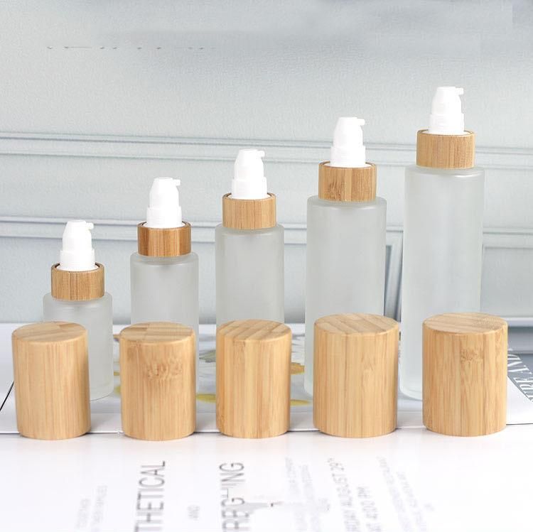 30ml 50ml 60ml 80ml 100ml 120ml Cylinder Shape Glass Frosted Bamboo Lotion Pump Bottle