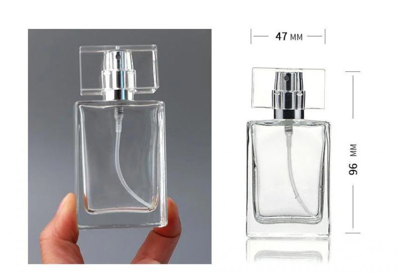 25ml 50ml Square Flint Perfume Atomizer Refillable Glass Empty Spray Applicator Clear Bottle with Acrylic Cap for Travel