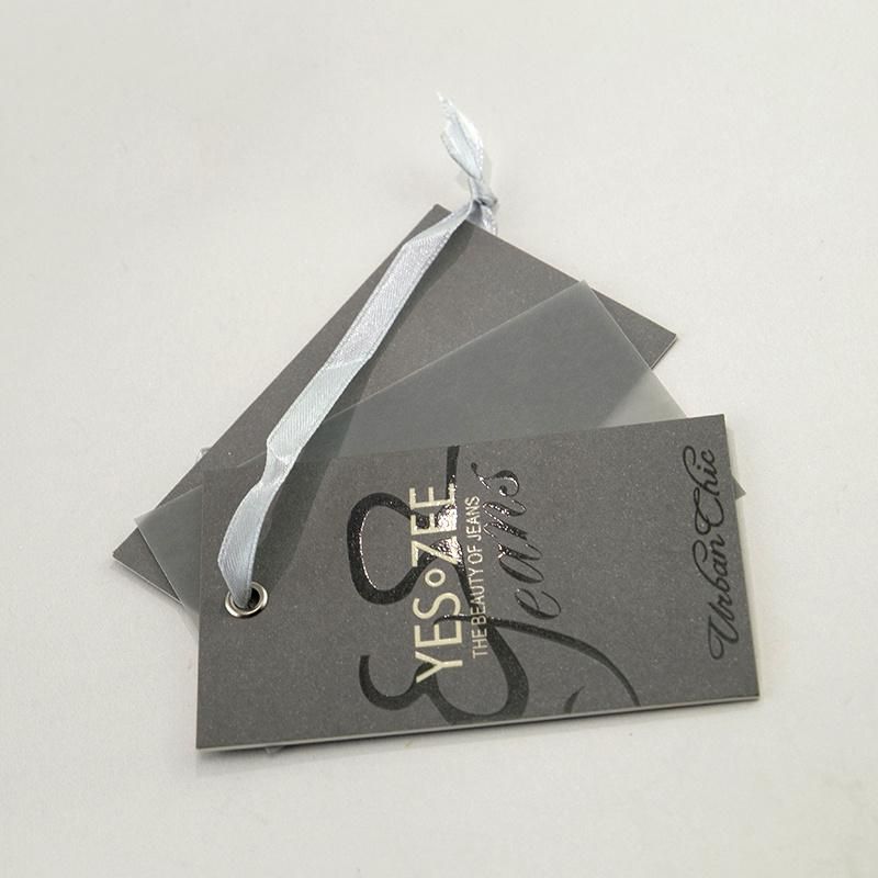 Black Three Layers 1mm 1000grm Thick Paper Hang Tag with Ribbon and Eyelet