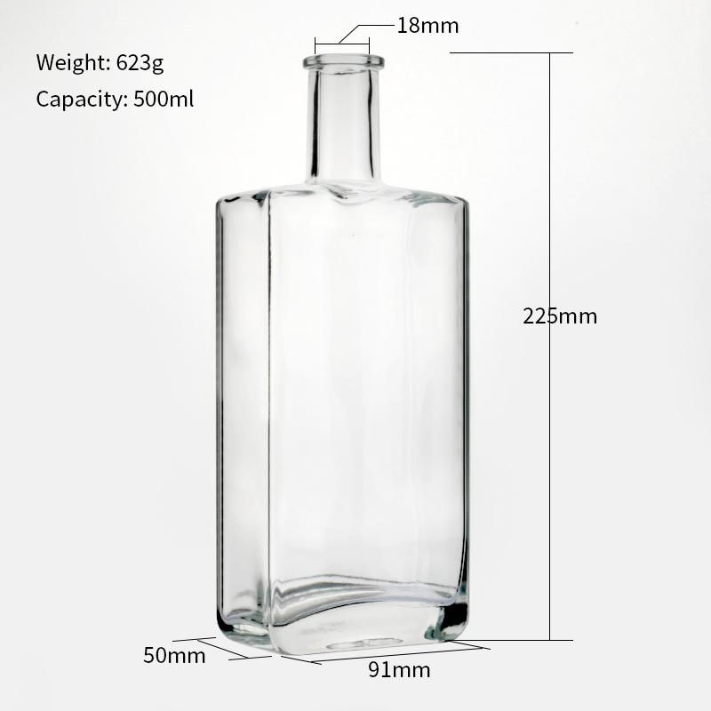 Supplier Whiskey Spirits Gin Vodka Rum 500ml Square Brandy Liquor Glass Bottles with Stopper