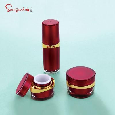 15g 20g Red Acrylic Cream Jar and 30ml Lotion Bottle Set for Cosmetic Packaging