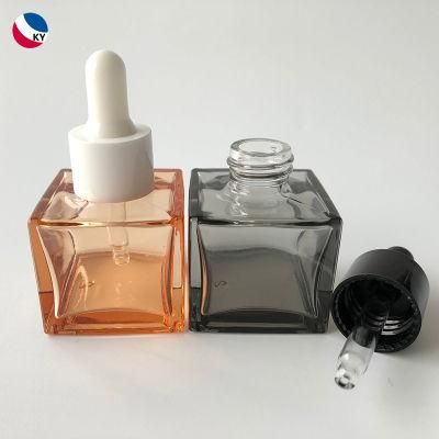 Cosmetic Essential Oil Dropper Custom Clear Black Glass Bottle Square 30ml