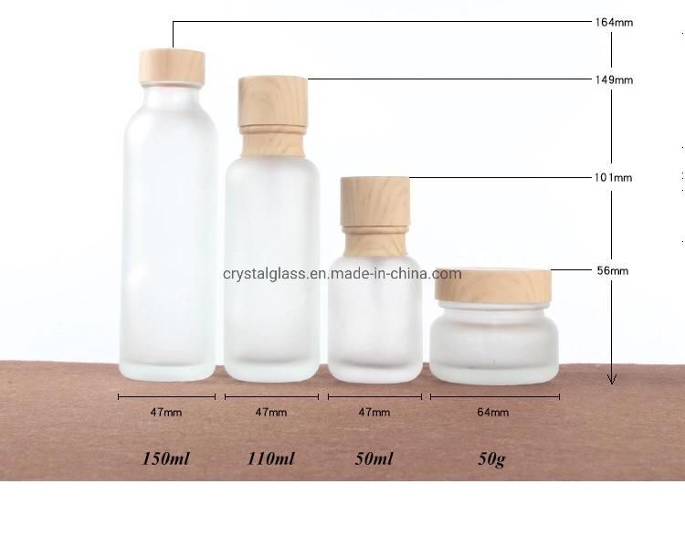 Cosmetic Packaging Bottle with Wooden Caps in Forsted Glass Set