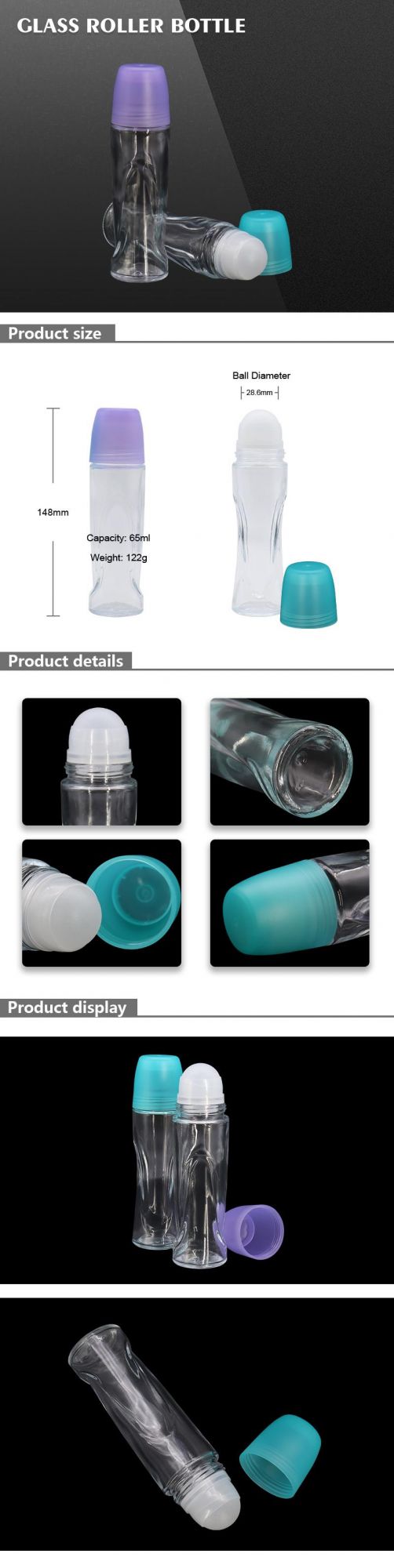 High Quality Mini Fancy 65ml Empty Cosmetic Packaging Glass Roller Bottle with Screw Cover