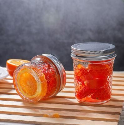 8oz Diamond Embossed Pattern Color Customized Glass Food or Honey Storage Jar with Metal Lid