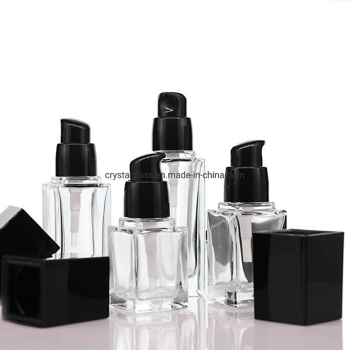 10ml 20ml 30ml 40ml Square Lotion Glass Cosmetic Bottles with Black Caps