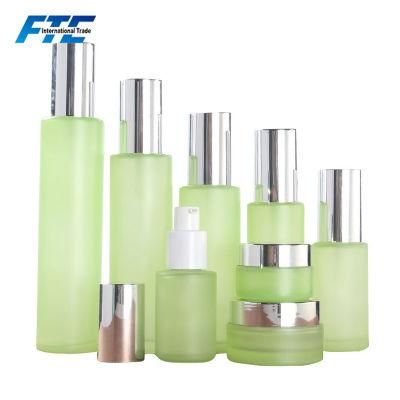 Green Frosted Glass Cosmetic Bottle Mist Spray Glass Bottle Cream Jar Glass Lotion Pump Bottle