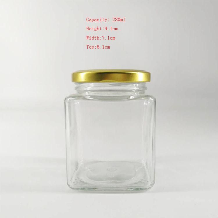 Square 280ml 380ml 500ml Empty Jam Honey Food Storage Jar Glass Container with Metal Cap