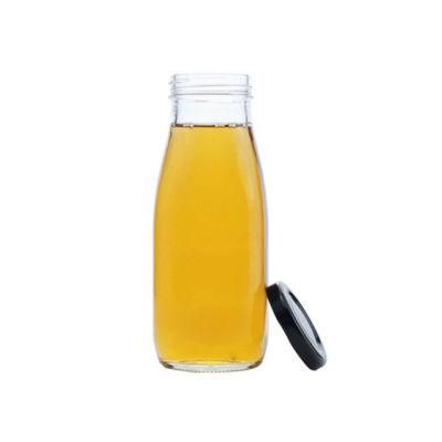 300ml Glass Milk Bottle Square-Round Tinplate Lid and Straw