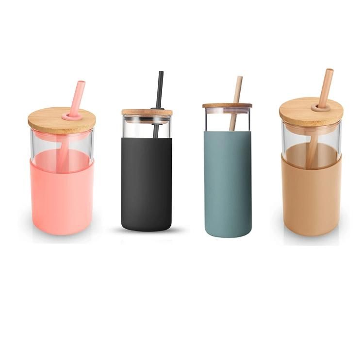 Silicone Protective Sleeve Glass Tumbler Water Glass Bottle with Bamboo Lid and Straw