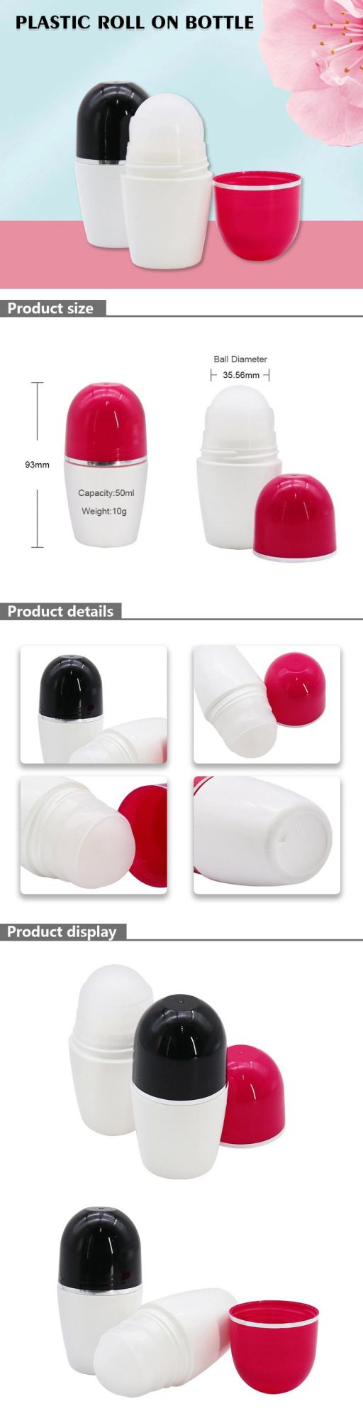 OEM Factory Custom 50ml Fancy Empty Cosmetic Packaging Plastic Roll on Bottle with Red Cover