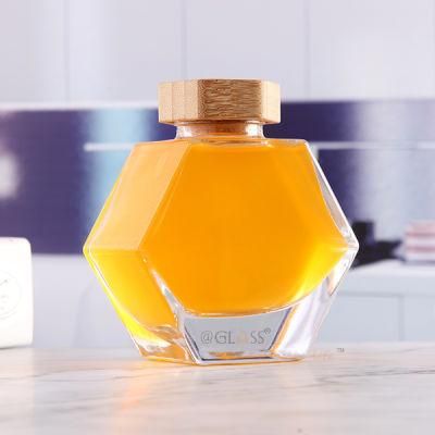 Hexagon Six-Side Honey Glass Bottle Jam Jar with Wooden Spoon