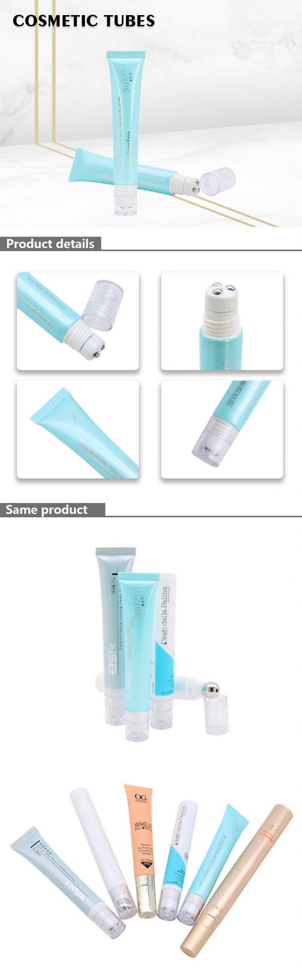 Skincare Packaging Blue 15ml 20ml LDPE Stainless Steel Roller Ball Applicator Eye Cream Tube