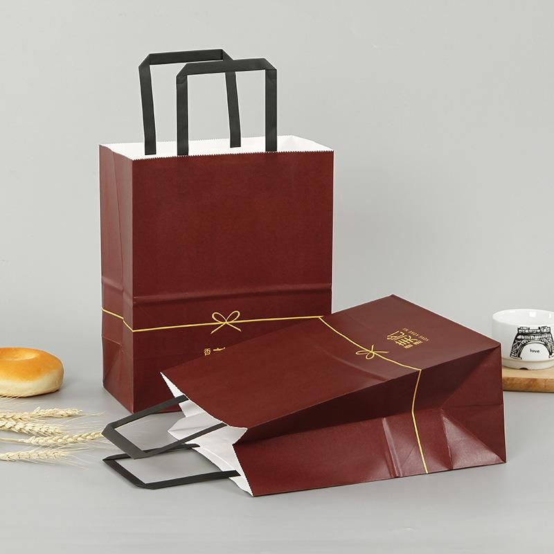 Catering Take-out Packaging Brown Kraft Paper Restaurant Advertisements Handle Bag with Custom Printed Logo