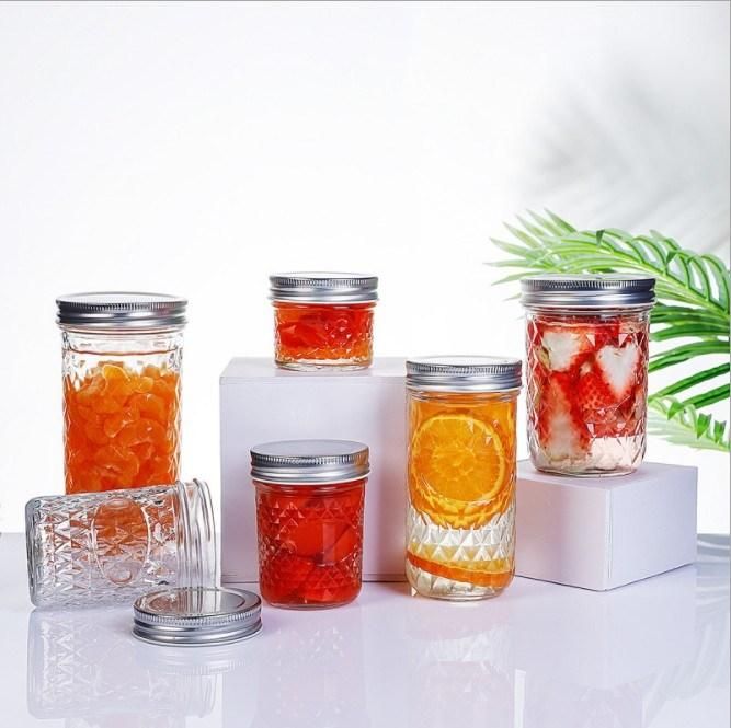 Diamond Mason Food Storage Jar Coffee Cold Drink Glass Cup with Straw and Aluminum Cap 250/350/500ml