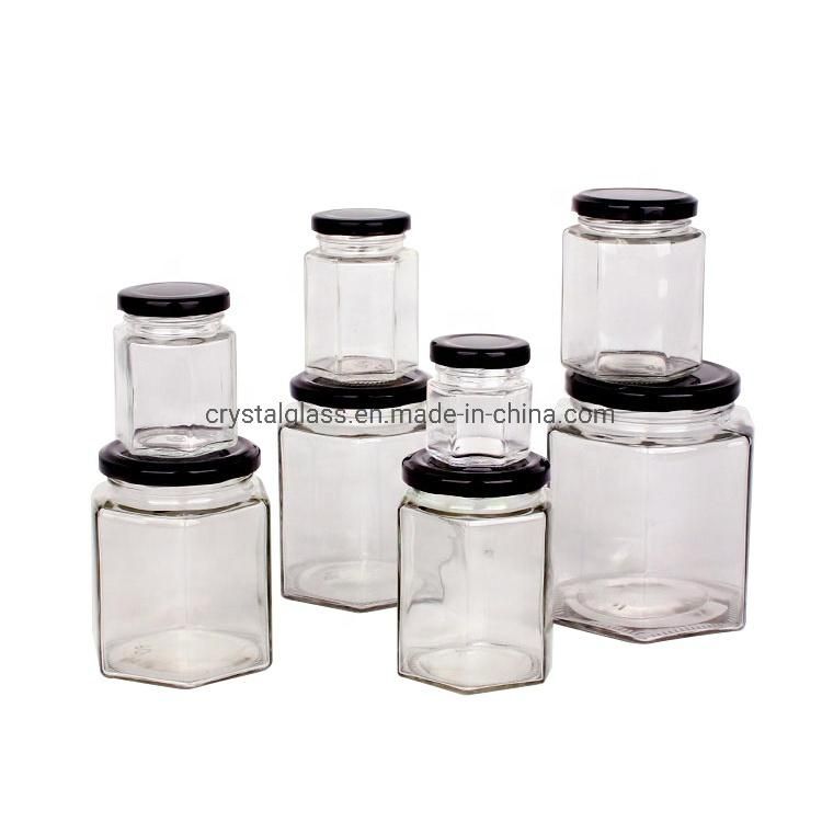 Classic Hexagon Food Storage Jar Honey Glassware with Metal Cap 100/180/500ml