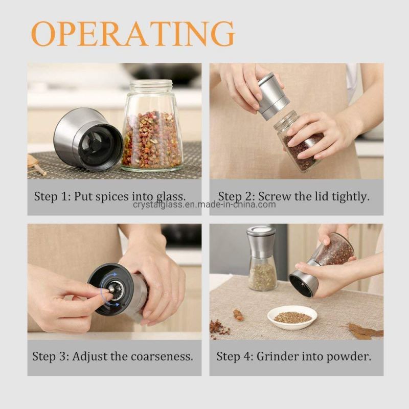 Custom Manual Salt Pepper Mill Spice Glass Grinder Bottle 5oz