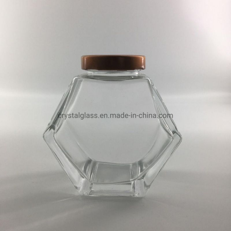 Clear Flat Hexagon Honey Glass Jam Jar with Metal/Wooden Lid 180ml 280ml 380ml