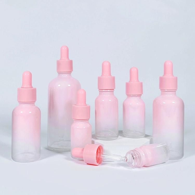 Gradient Pink Colored 50ml Round Glass Skincare Dropper Bottle Package for Face Serum and Essential Oil